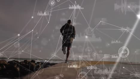 animación de la red de conexiones sobre la vista de atrás de un hombre afroamericano en forma corriendo en el mar
