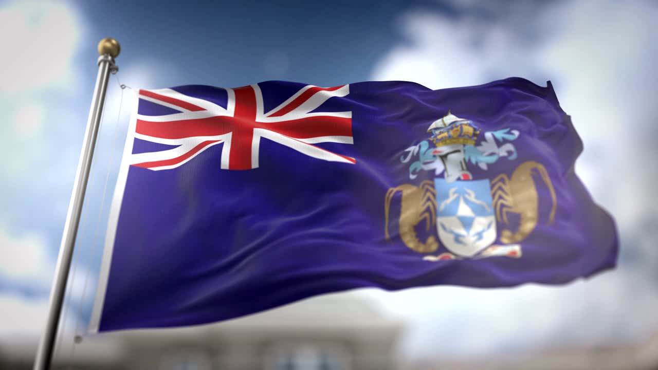 la bandera de tristán da cunha ondeando en cámara lenta 3d con fondo de cielo azul - bucle sin costuras 4k