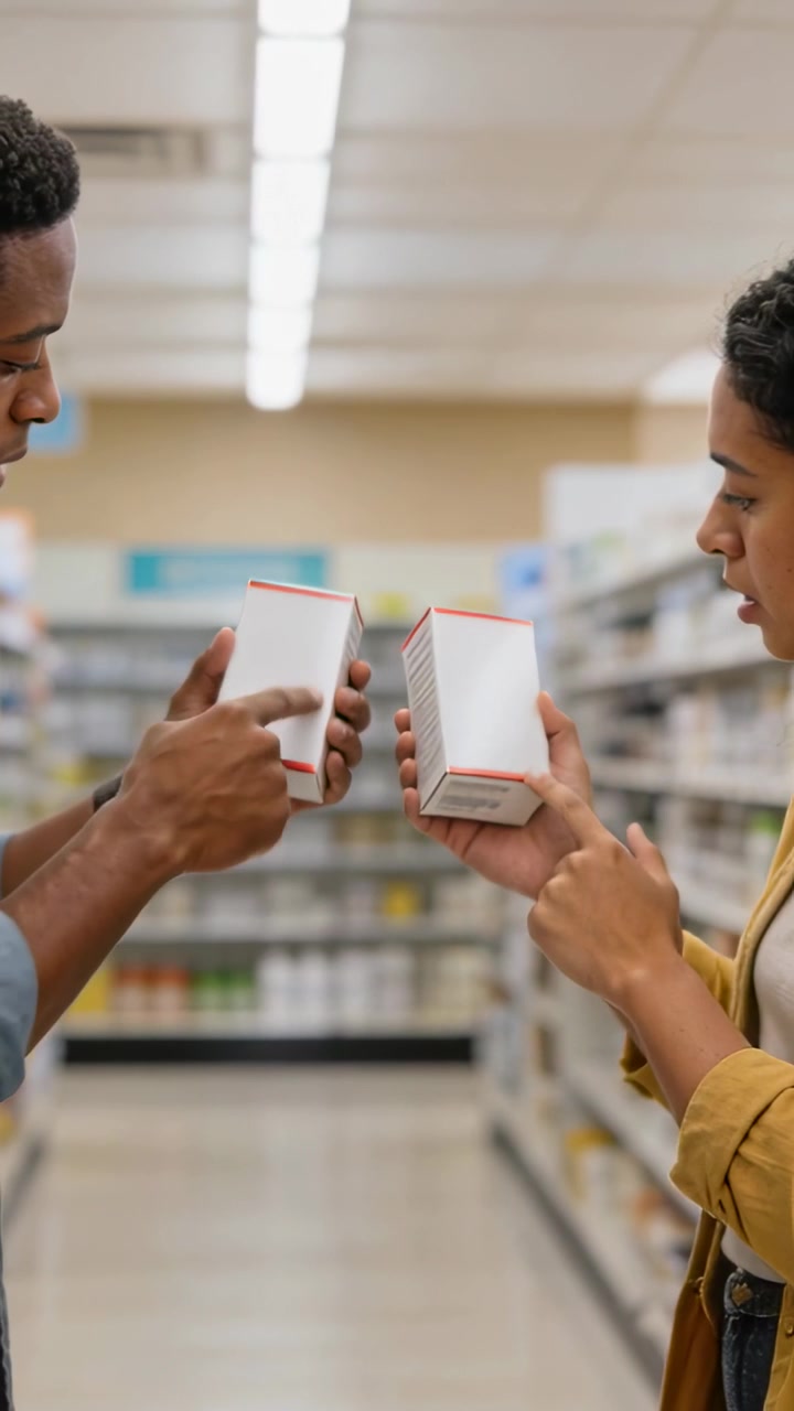 Vertical video: Holding red-trim boxes yellow-jacket pair comparing labels choosing in store aisle