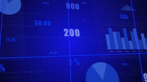 animation of statistical data processing over grid network against blue background