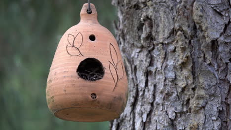 una pajarera de arcilla cuelga de un árbol