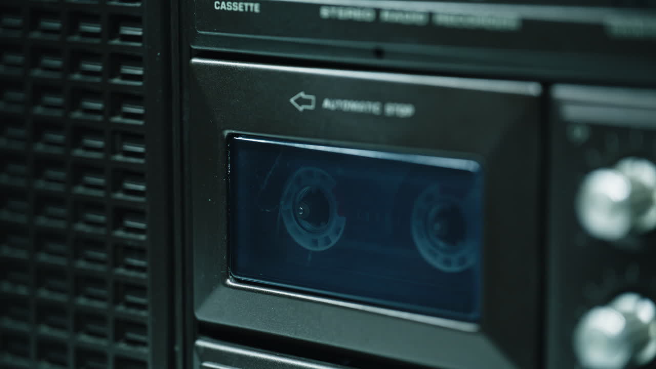 Human hand placing cassette in slot. Closeup view classic tape audio recorder
