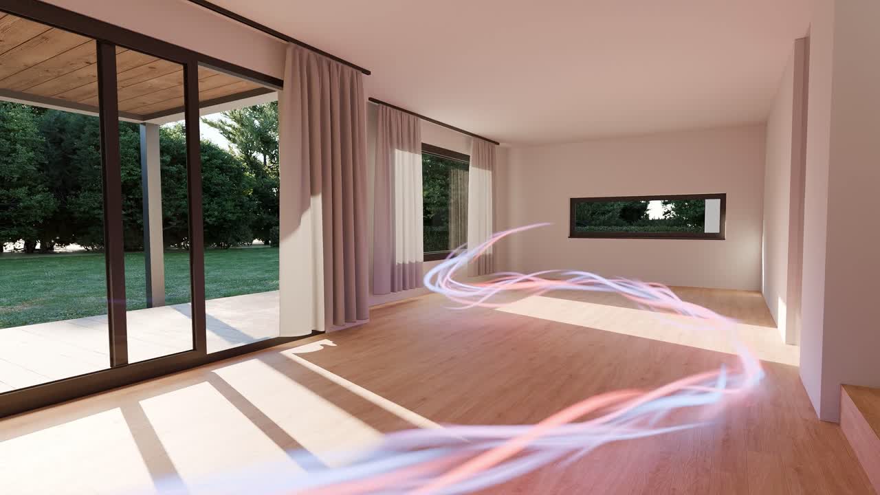 Empty Modern House Interior with Sunlight Streaming Through Large Windows