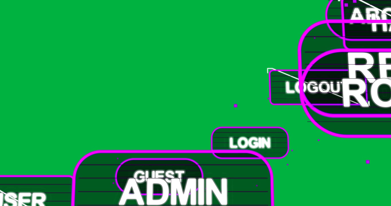 On transparent canvas load neon role badges entering left, clustering, pulsing, showing access flow