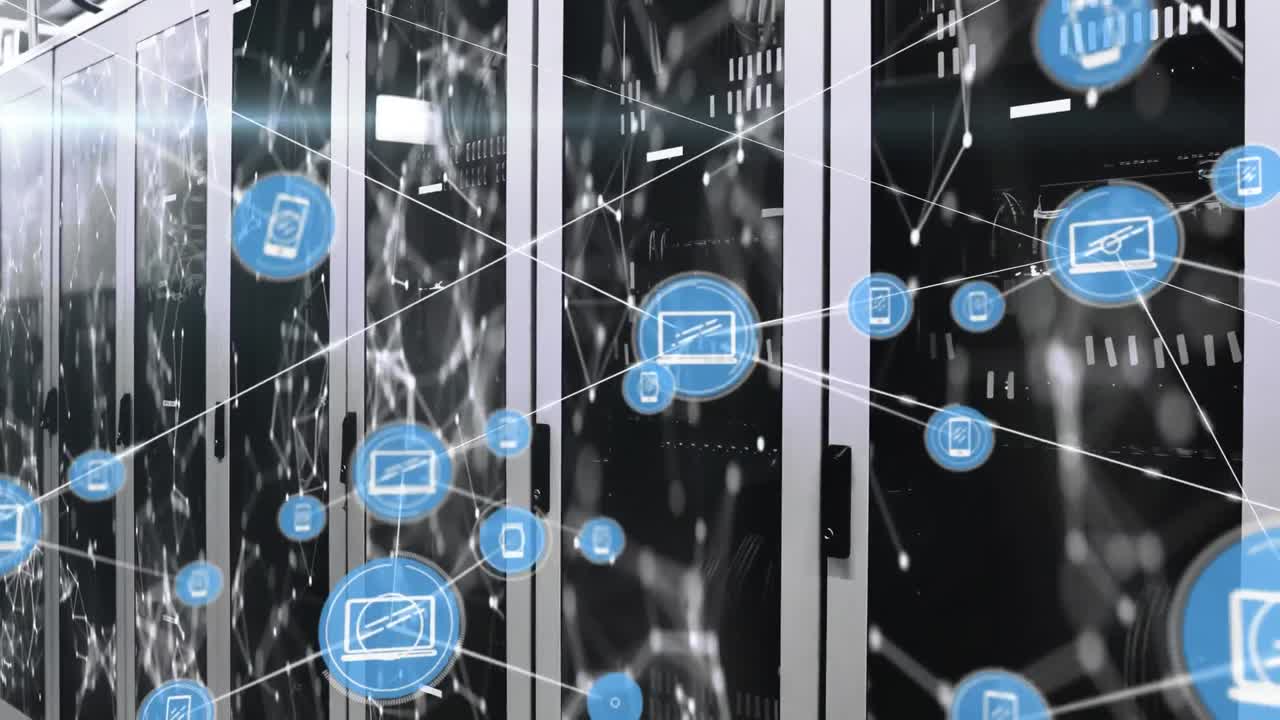 화면 위에 파란색 원으로 표시된 소셜 아이콘으로 웹 연결의 애니메이션