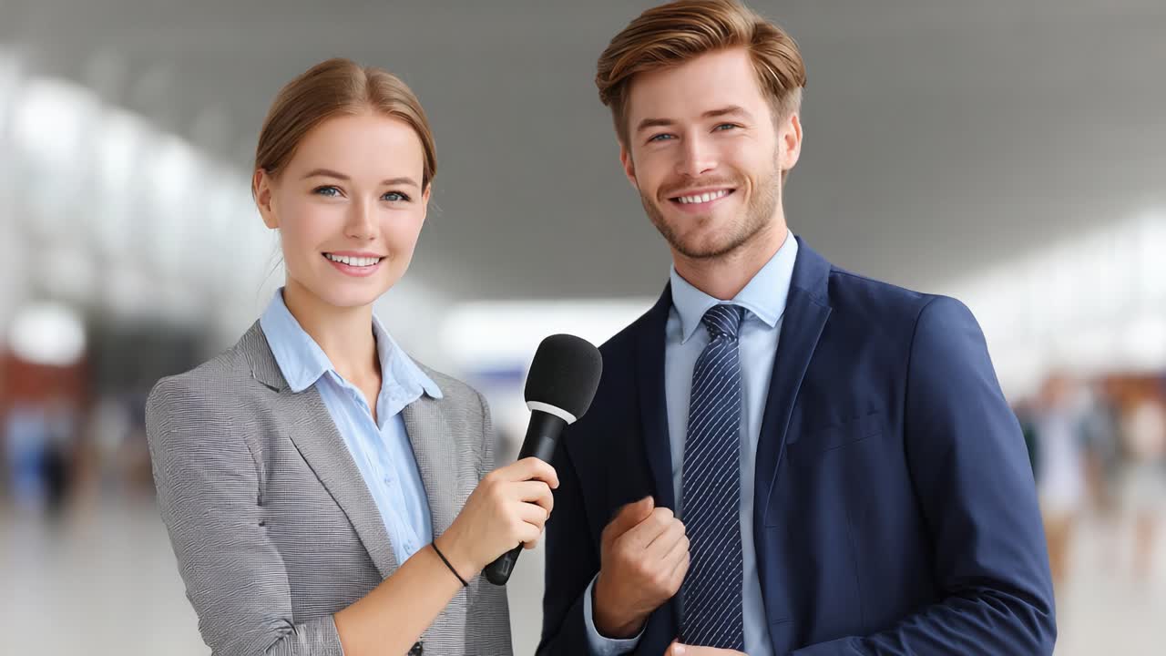 A Confident Interview Scene Featuring Two Engaging Individuals Smiling and Holding a Microphone in a Bright, Modern Setting