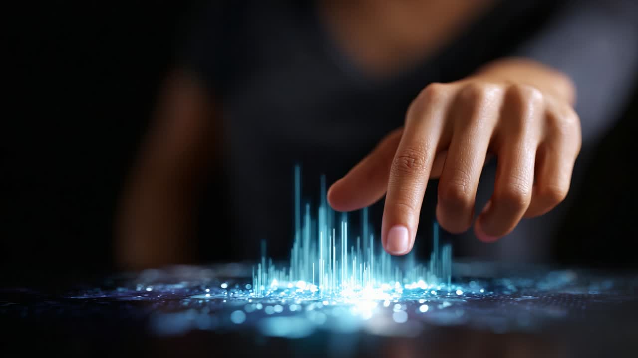 A mesmerizing interaction between the human hand and a vibrant digital display, where the fingertips are touching a dynamic holographic interface that emanates glowing data visualizations, illustrating technology's fusion with creativity