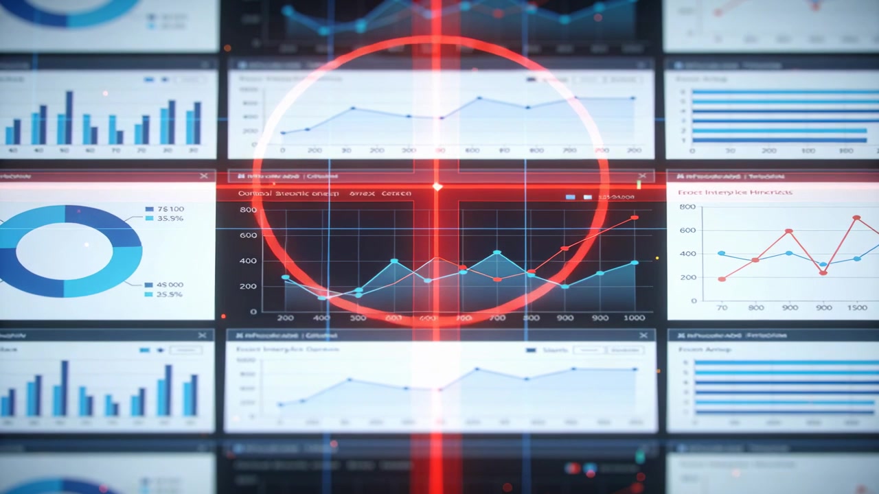 Vertical red scan line appearing, dashboard locking onto central line chart peak with red reticle