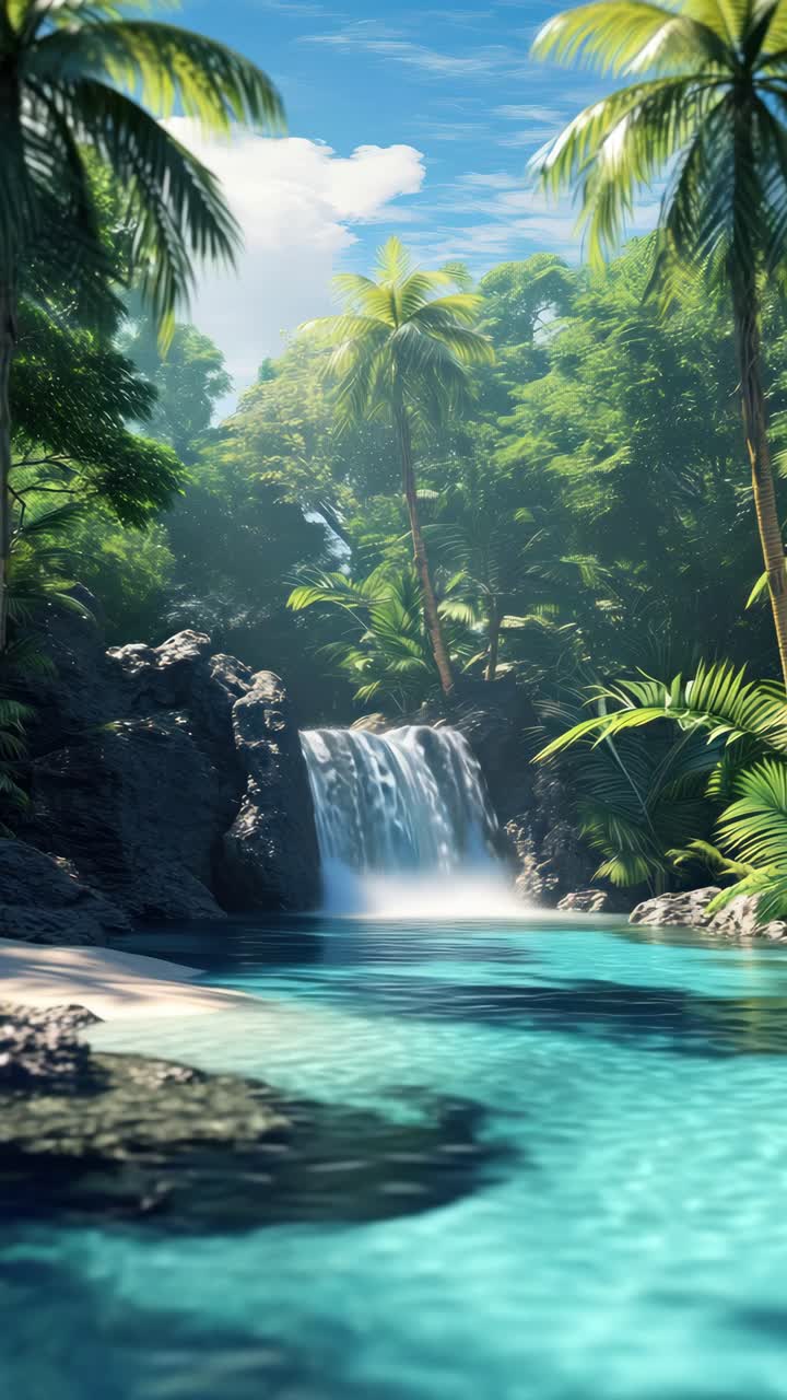 Una serena scena video di cascata tropicale, ripresa da un'angolazione bassa, che mostra una vegetazione lussureggiante