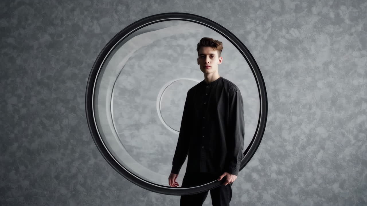 Young Man Posing with a Large Circular Frame on Grey Background