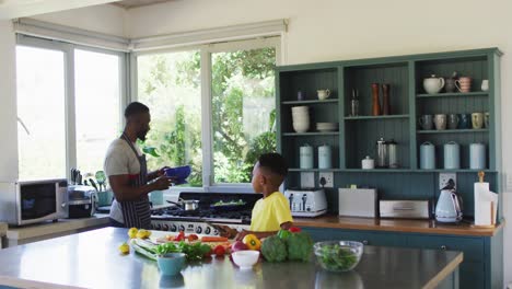 african american father and son in kitchen wearing aprons and preparing dinner together