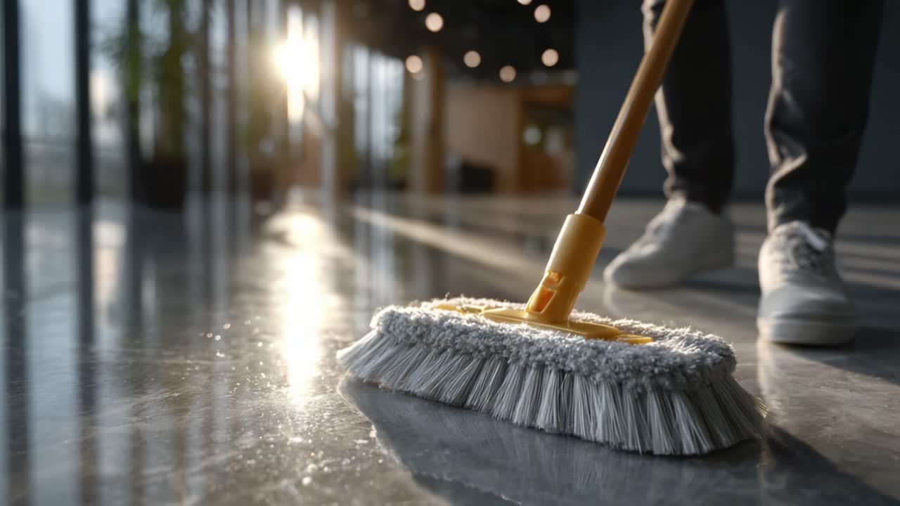 A Person Cleaning the Floor with a Mop in a Bright and Modern Environment, Highlighting the Importance of Cleanliness and Tidy Spaces in Daily Life