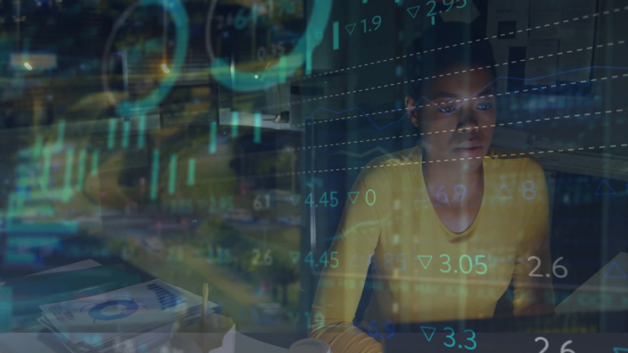Animation of financial data processing over african american businesswoman in office