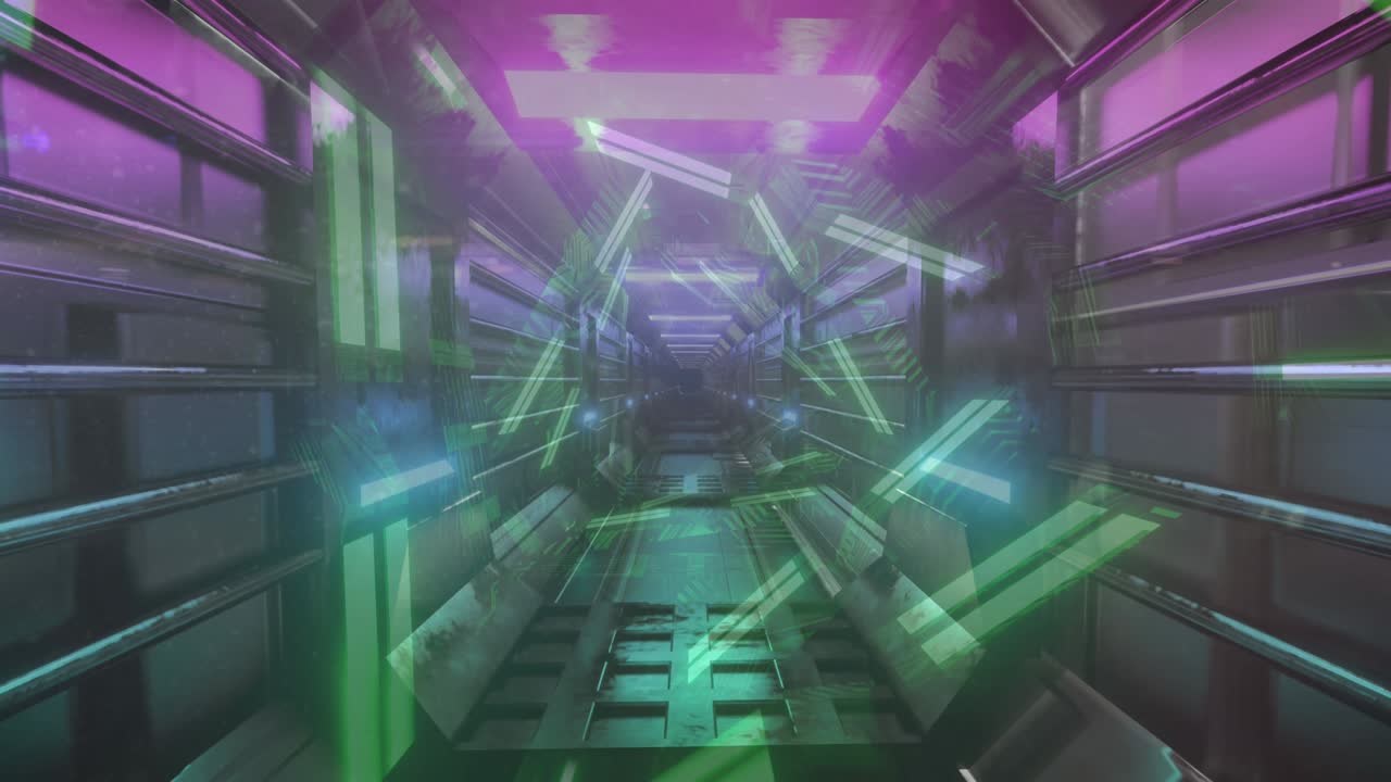 animación de triángulos de neón en movimiento sobre el túnel digital