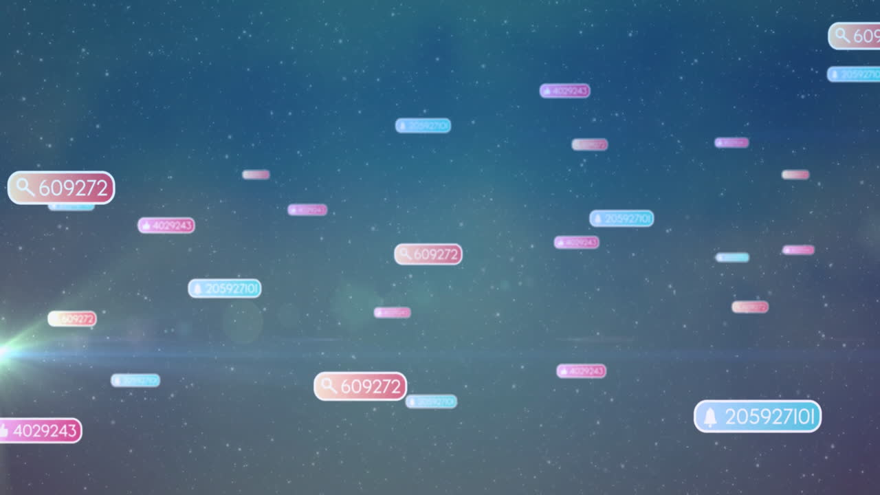 Animation of digital notifications floating over starry night sky background