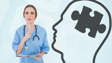 Animation-of-caucasian-female-doctor-and-head-with-puzzle-piece-over-icons