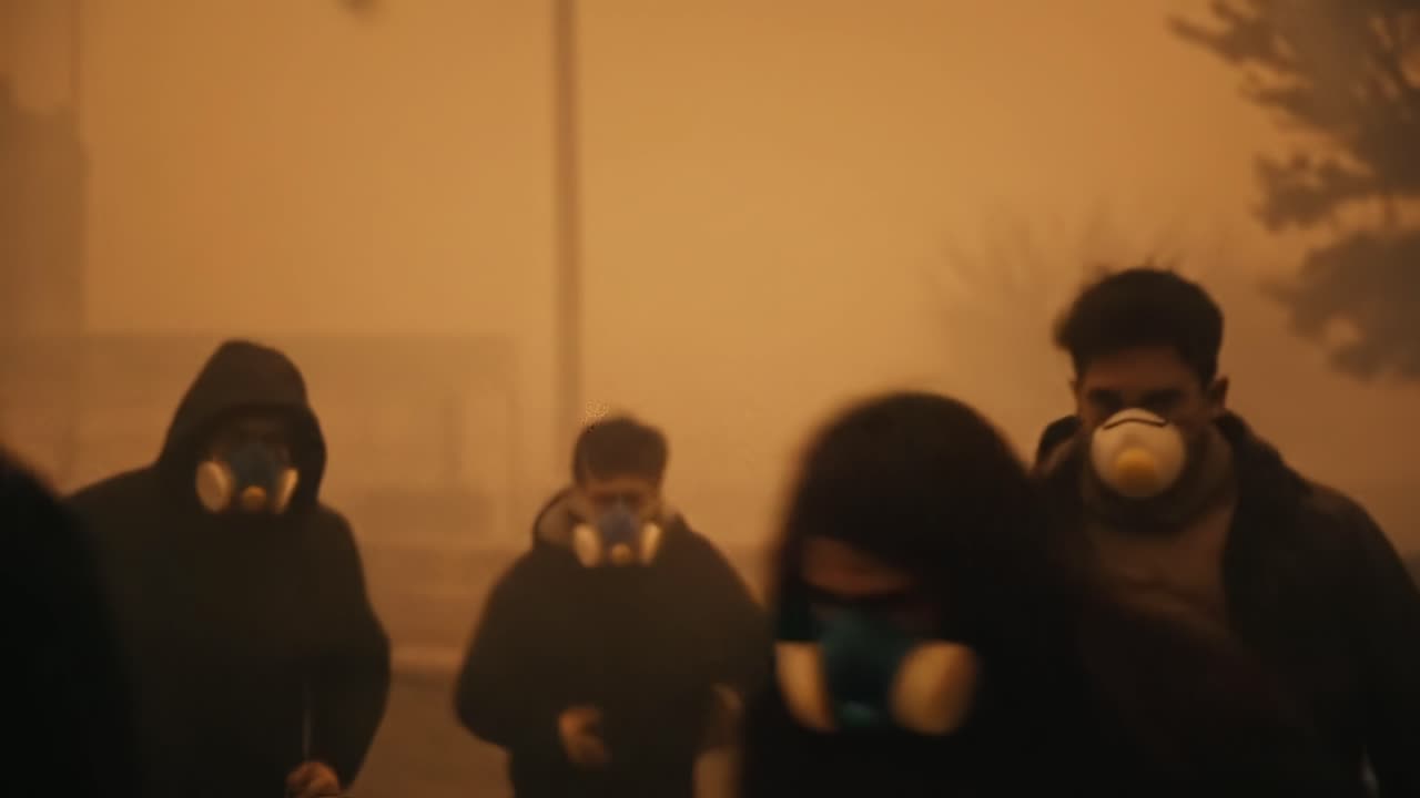 People Wearing Protective Masks Amidst Dense Smoke and Hazardous Conditions in an Ominous Atmosphere Evoking Urgency and Alertness in their Actions