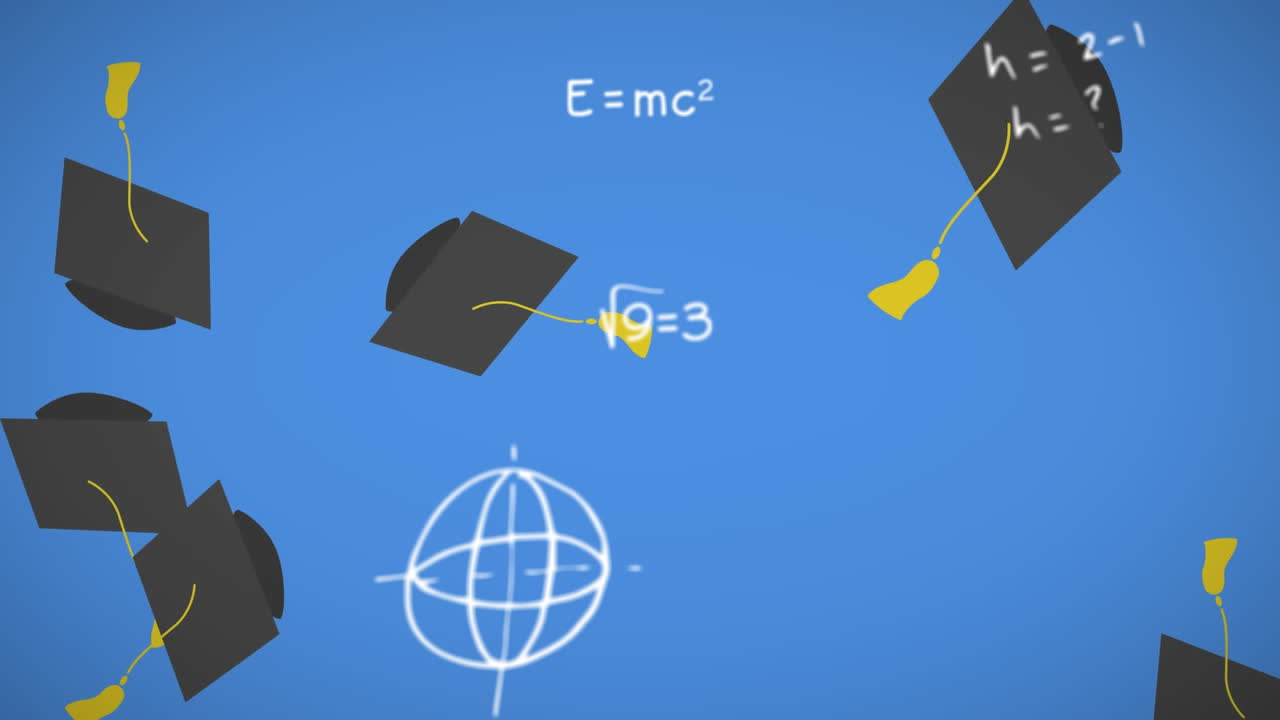 Persamaan matematika bergerak dengan latar belakang topi wisuda berjatuhan
