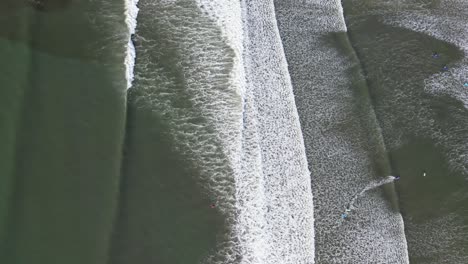 top-down shot overhead a small group of surfers trying to catch a wave