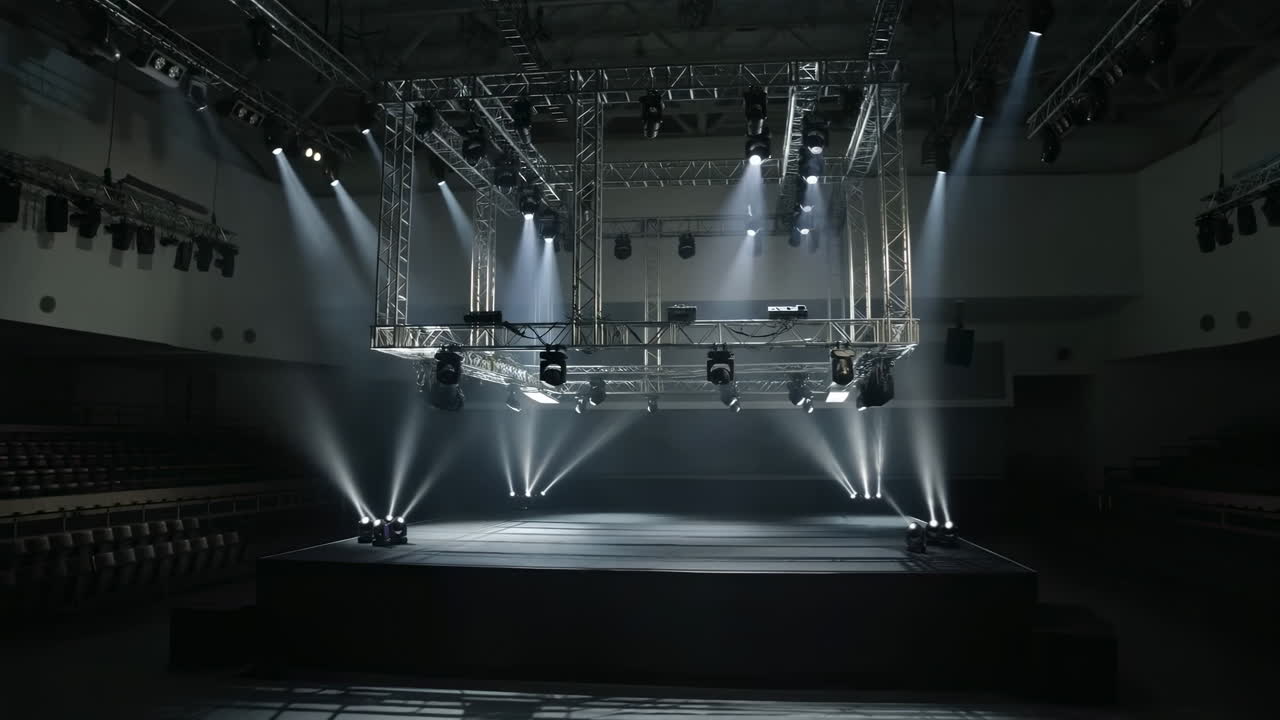 Empty Concert Stage With Dramatic Spotlights And Suspended Truss In Dark Arena, Beams Cutting Through Haze,