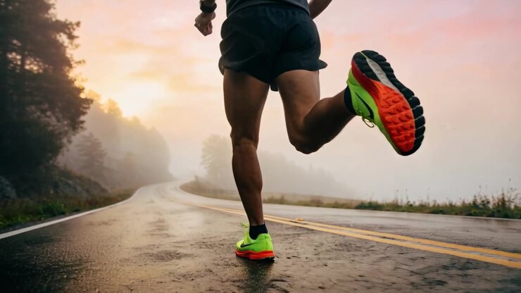 Running man wearing shorts pushing off leg, sprinting down wet road at dawn, neon shoes reflecting