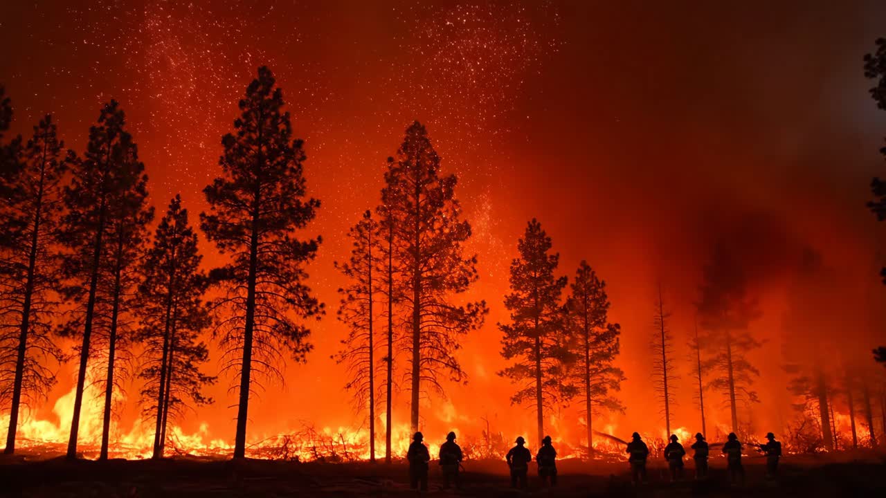 Firefighters battling a wildfire in a forest at night