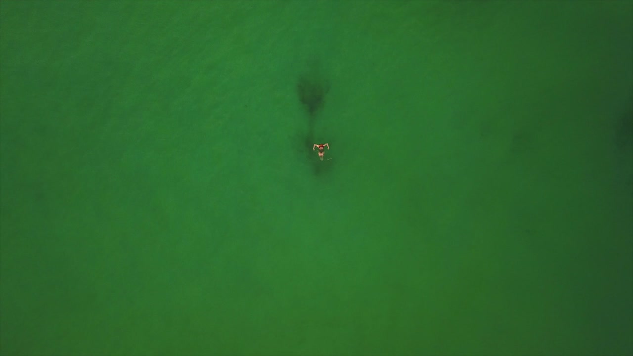 la luz del atardecer en la playa de la isla de phuket la mujer nadando en el agua vista aérea hacia abajo 4k tailandia