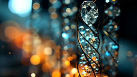 colorful bokeh lights with water droplets on twisted metallic strands