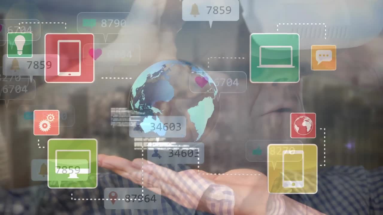 animación de notificaciones, con red de iconos y globo en la mano, sobre la persona en el auricular