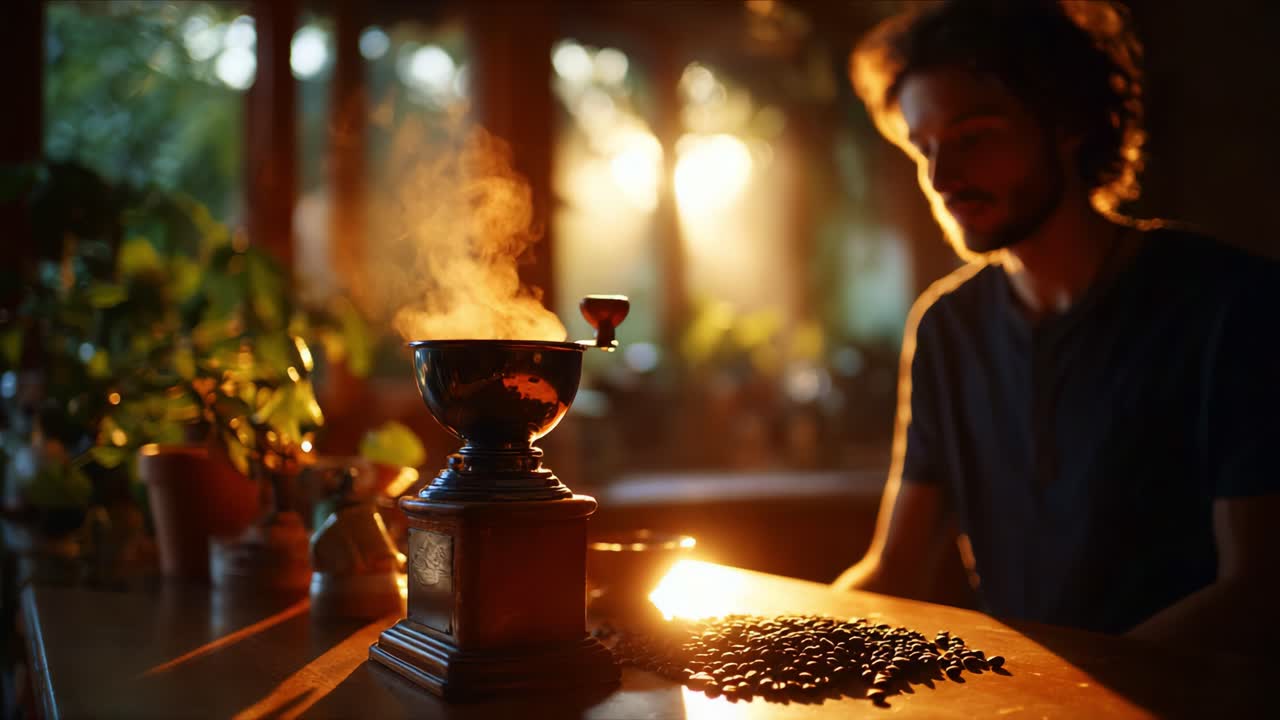 Capturando la esencia del café: un hombre disfruta del aroma de los granos recién molidos mientras el vapor se eleva de un molinillo de café antiguo en una habitación iluminada por el sol