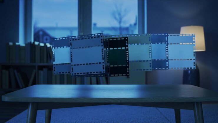 Appearing at right edge, filmstrip sliding left and rotating above low coffee table, lamp glowing