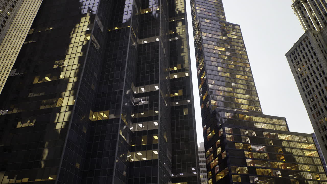Modern skyscrapers reflecting urban life in a bustling cityscape
