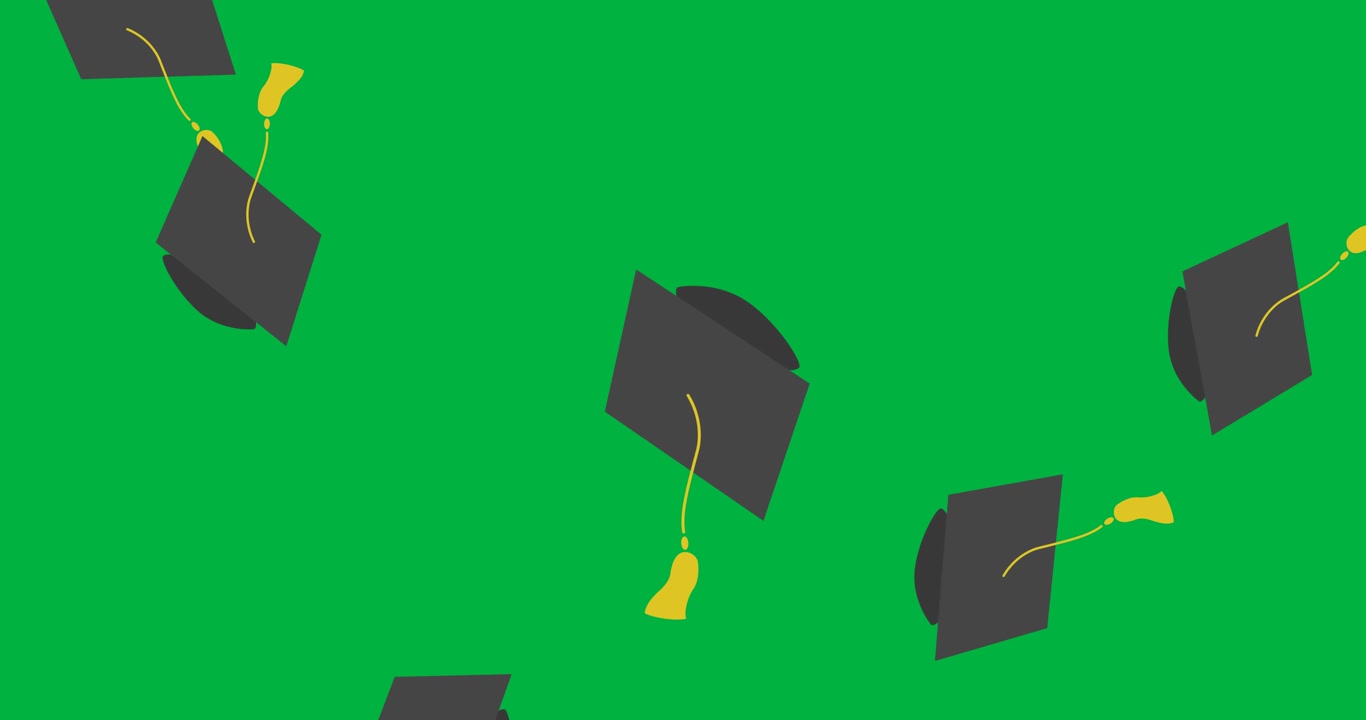 Animazione di cappelli di laurea che cadono su sfondo nero.