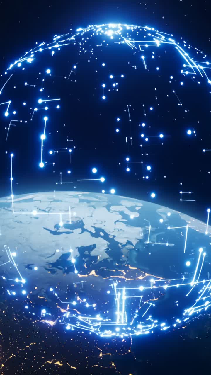 Vertical video: Flaring golden hub sparking network around Earth in space, pulsing nodes for data