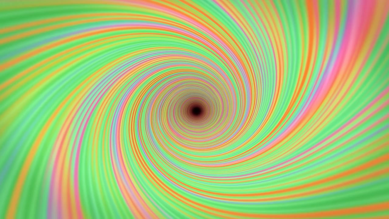 Bright rainbow streaks twist inward toward a dark center, forming a vivid abstract spiral with smooth movement, glowing gradients, and energetic multicolor