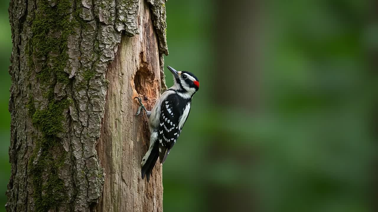 A Beautiful Woodpecker Engaging with Its Nesting Site on a Tree Trunk, Showcasing the Natural Habitat and Intricate Details of the Bird and Surrounding Environment