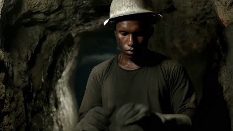 miner putting on gloves in a dark tunnel