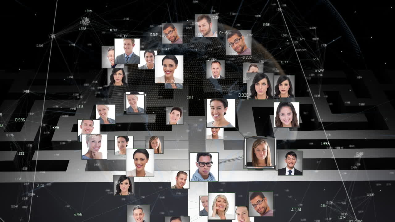 анимация глобуса с фотографиями и обработка компьютерных данных над лабиринтом