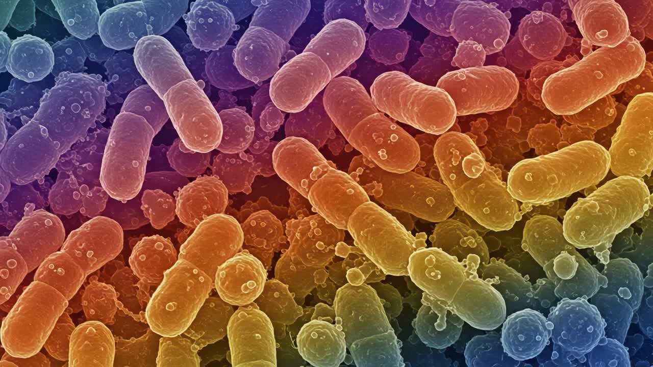 Vibrant Microbial Landscape: Two Frames Showcasing the Diverse and Colorful World of Bacteria Under a Microscope, Highlighting Their Intricate Structures and Shapes