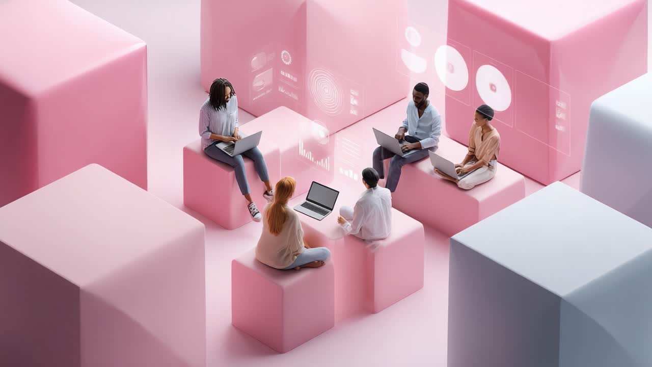 A collaborative brainstorming session unfolds in a modern workspace as diverse individuals exchange ideas and work on laptops amidst visually captivating digital data projections