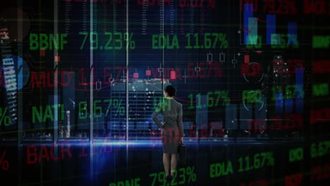 animación del mercado de valores y procesamiento de datos financieros sobre mujer de negocios