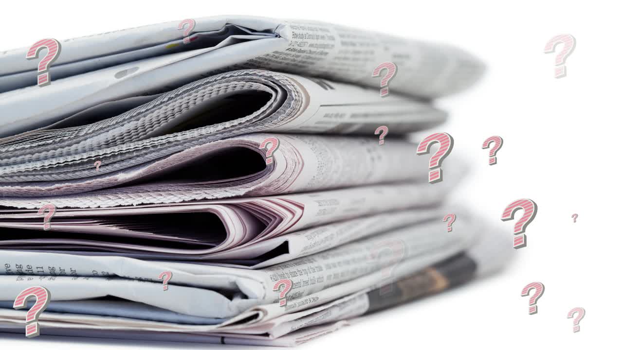 animación de signos de interrogación sobre periódicos en fondo blanco