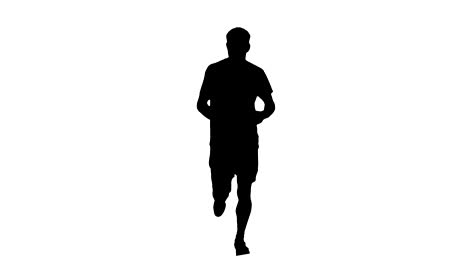 silhouette of man in a t-shirt and shorts is jogging on the white background.