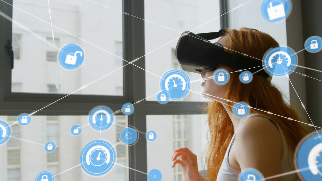 Network of digital icons against caucasian woman wearing vr headset at home