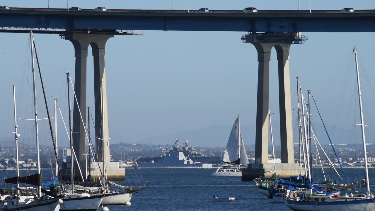 Beautiful scene of sailboats and yachts moving under Coronado Bridge in San Diego Bay