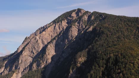 rocky slopes and summit of bavarian mountain with forest of tree tops