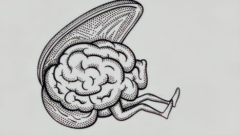 surreal black and white brain illustration with legs and wing