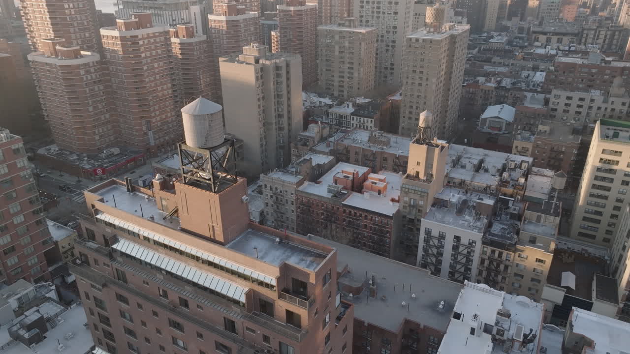 Aerial view of rooftops in New York City. Shot at sunrise in New York City.