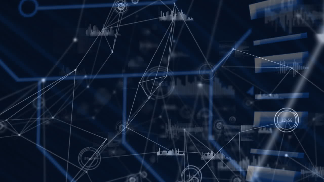 Animation of networks of connections and data processing over black background