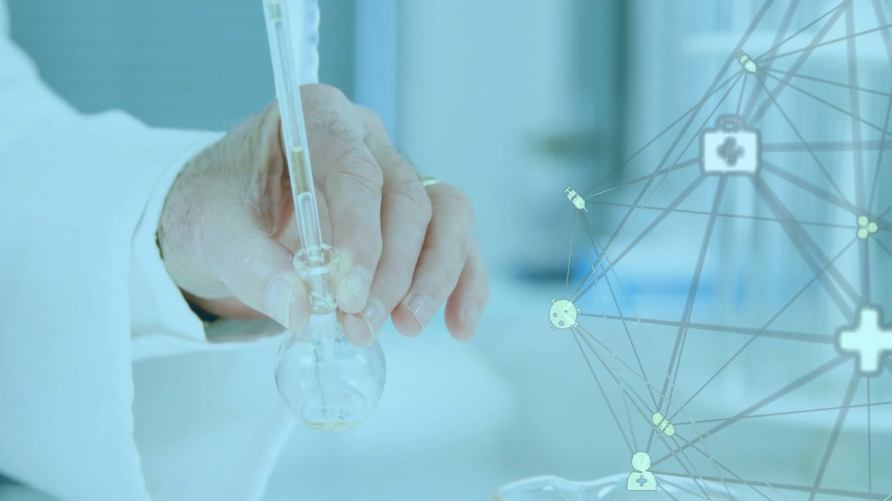 Lab researcher hand lowering pipette into flask after tip hovering, visualizing health data network